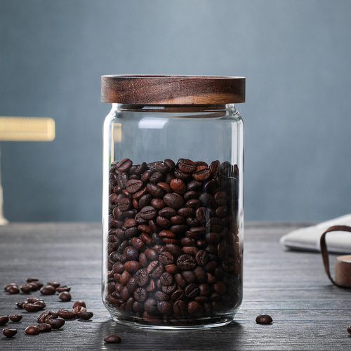 Manufacturer wholesale glass sealed jar coffee bean storage jar grain storage jar tea jar large acacia wood lid