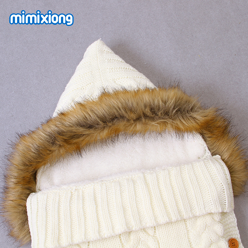 ins热卖款婴儿加绒加厚针织可爱毛领睡袋