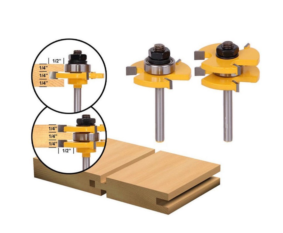 6MM柄金成3齿T型榫合刀地板刀拼板刀木工铣刀镂刀黄漆6*1/4