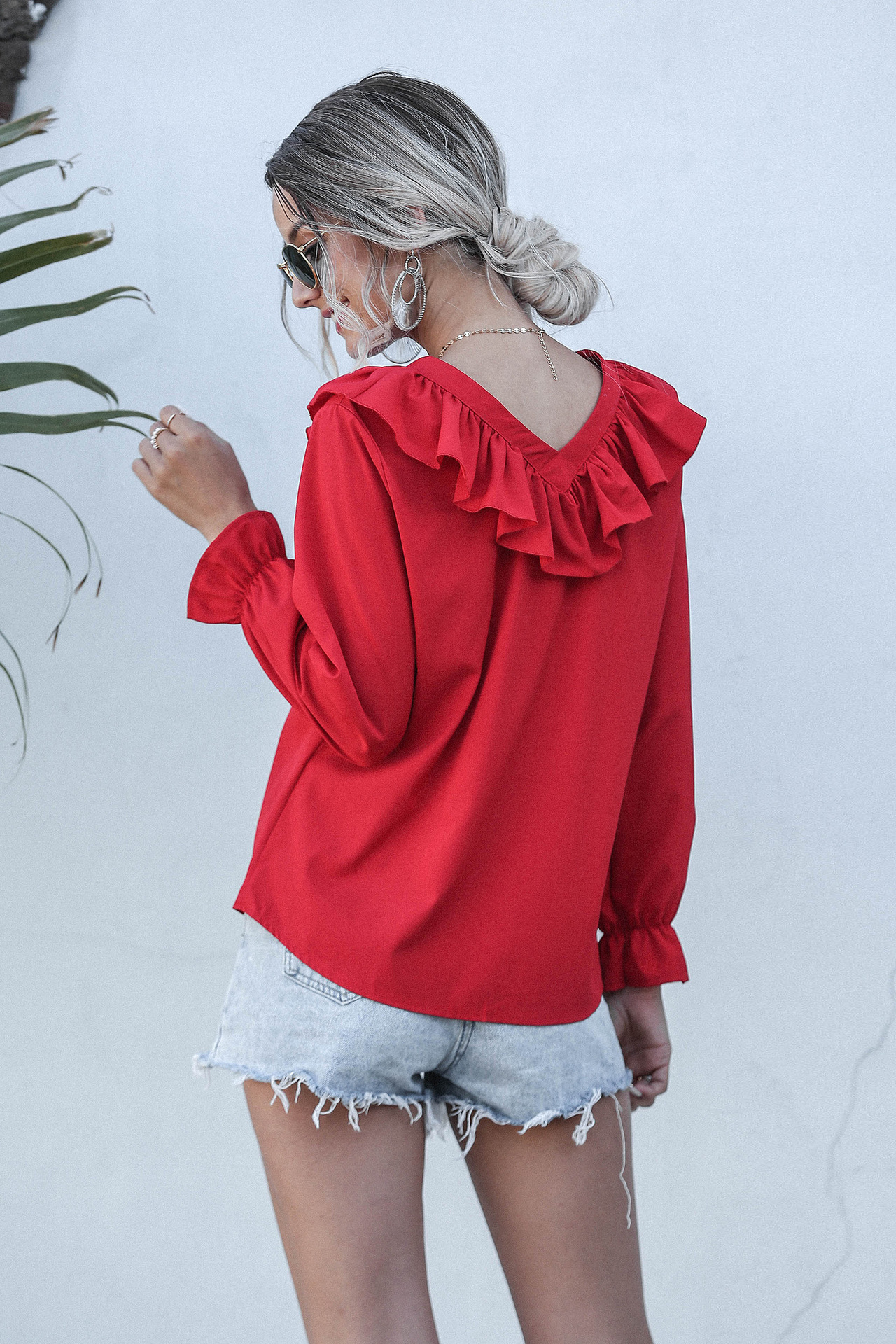 V-neck ruffled single-breasted flared sleeve chiffon shirt  NSMY15934