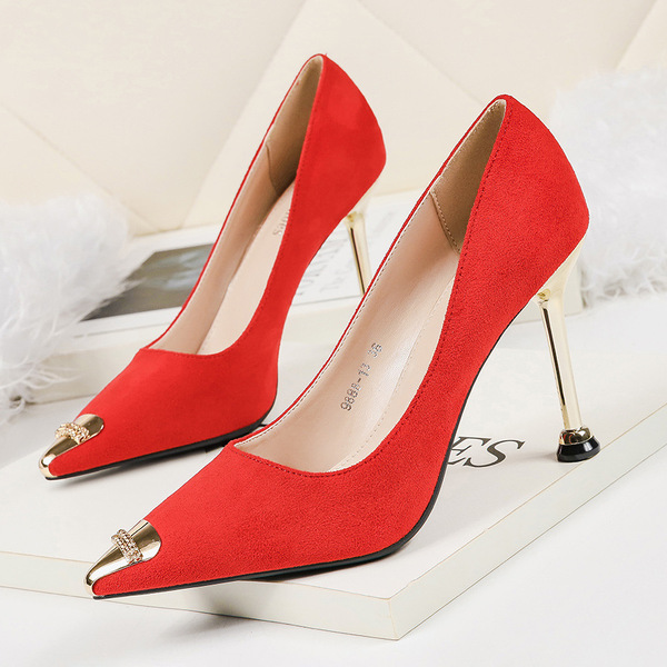 Sexy shallow suede high-heeled Metal pointed slipper slim-heeled 