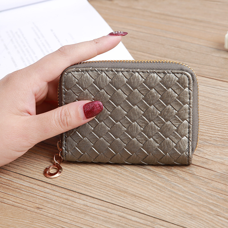 48g Weight Zipper Closure Type Pu Leather Material Solid Color Pattern Unisex Gender Grey, Rose Red, Purple, Blue, Gold, Silver, Black Color Nihaojewelry Wholesale Accessories Korean Woven Pattern Multi-position Card Bag 11