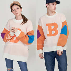 男女同款潮牌秋冬字母B宽松显瘦拼色宽松针织衫毛衣