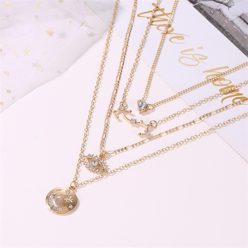 New Long Multi-layer Disc Moon Trend Love Diamond Eyes 4-layer Pendant Necklace For Women display picture 3