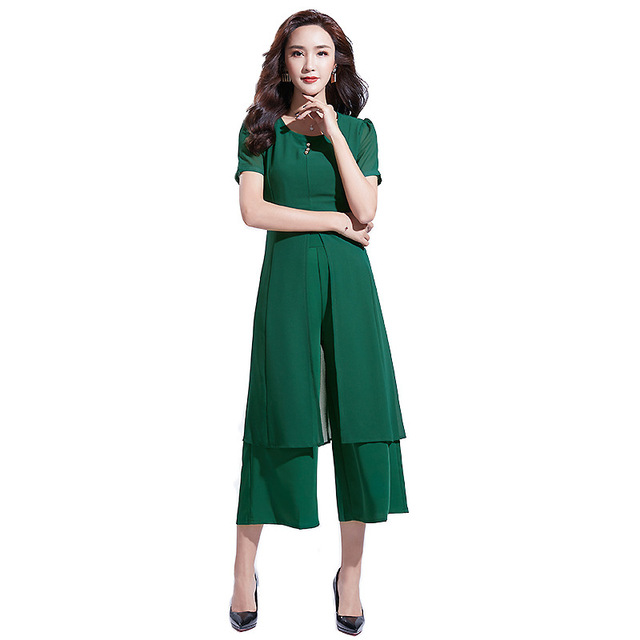 Summer round collar long jacket wide legs and pants two-piece suit