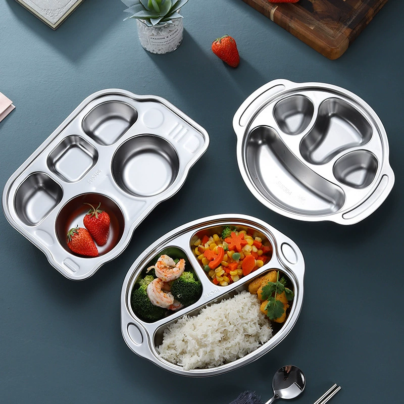 YiMi Cartoon Kids Dinner Plate, Stainless Steel, Thickened, Anti-Scald, Kid-Safe Fall-Proof Home Use
