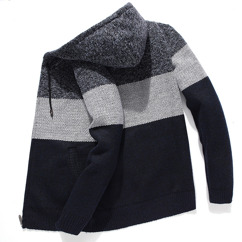 Winter New Men's Fleece-lined Thickened Color-blocked Hooded Cardigan Sweater Korean Style Slim-fit Warm Jacket Large Size Sweater