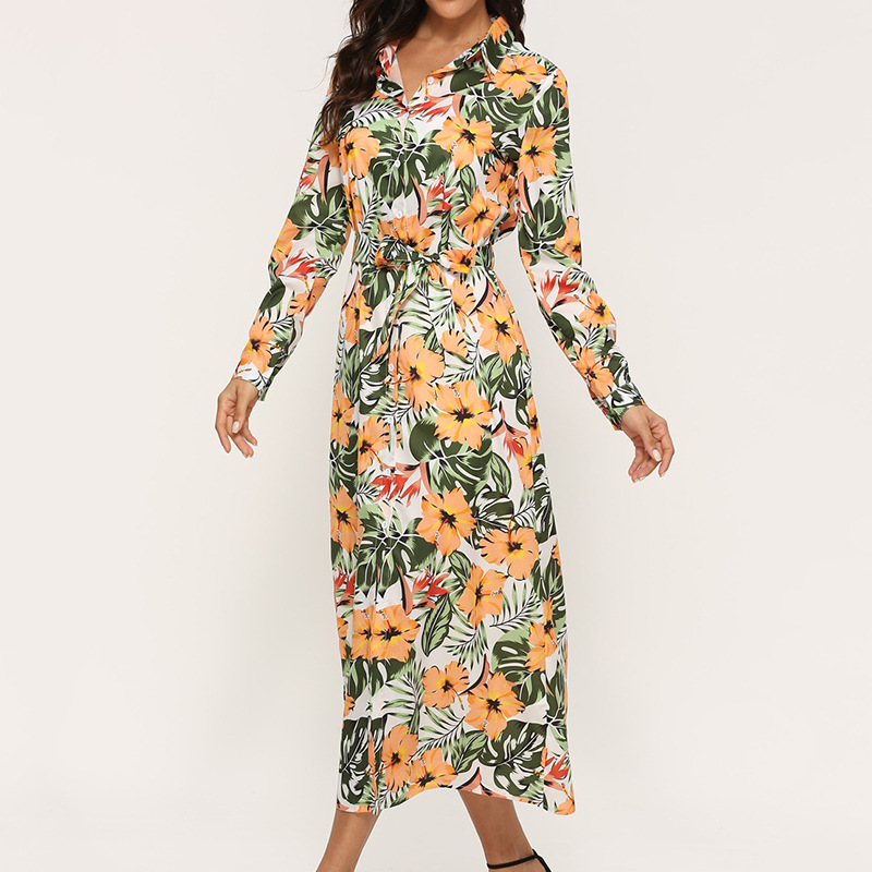 casual printing V-neck long-sleeved chiffon dress NSGE37812