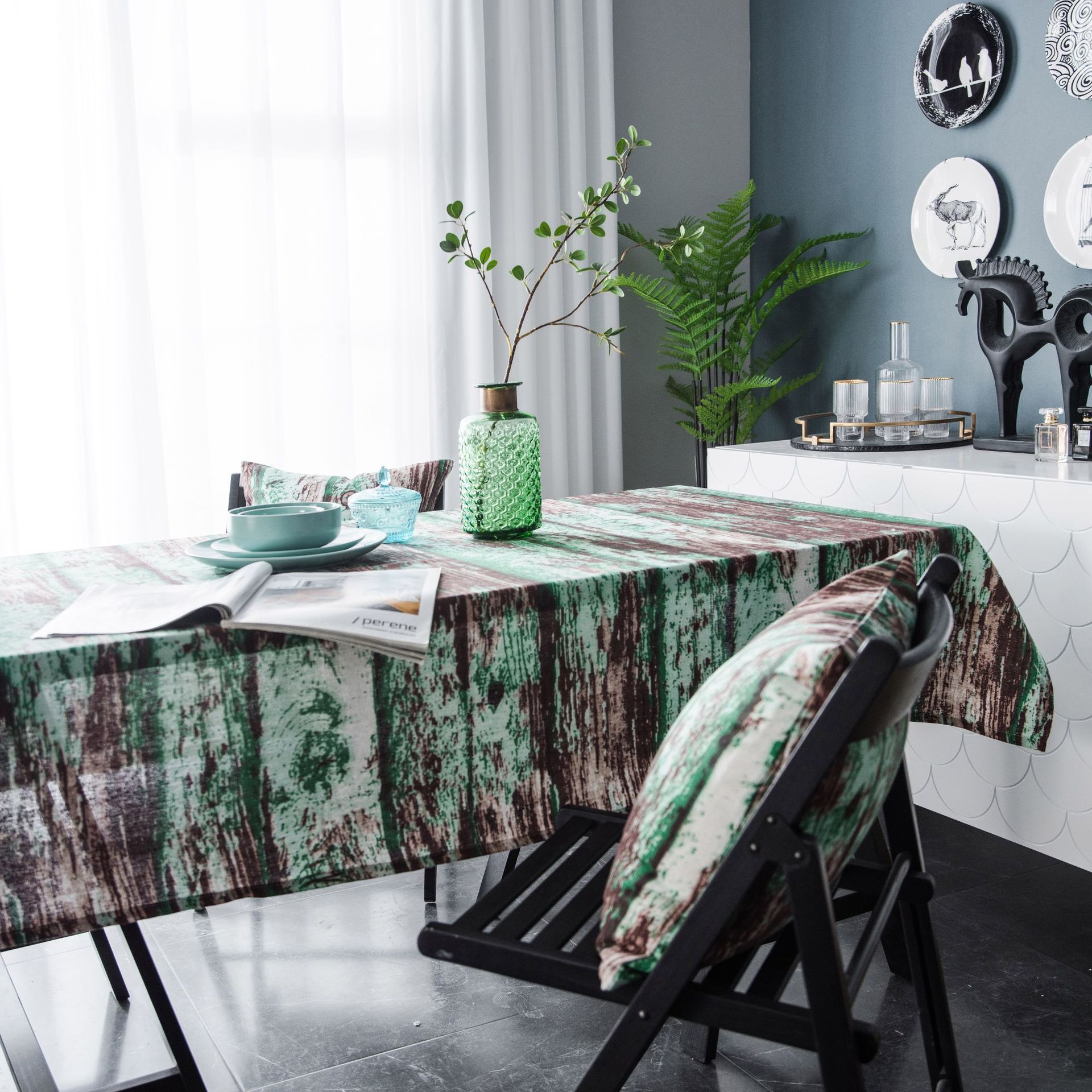 复古风创意仿真木纹绿色油漆桌布餐桌布印花棉麻台布拍照背景布