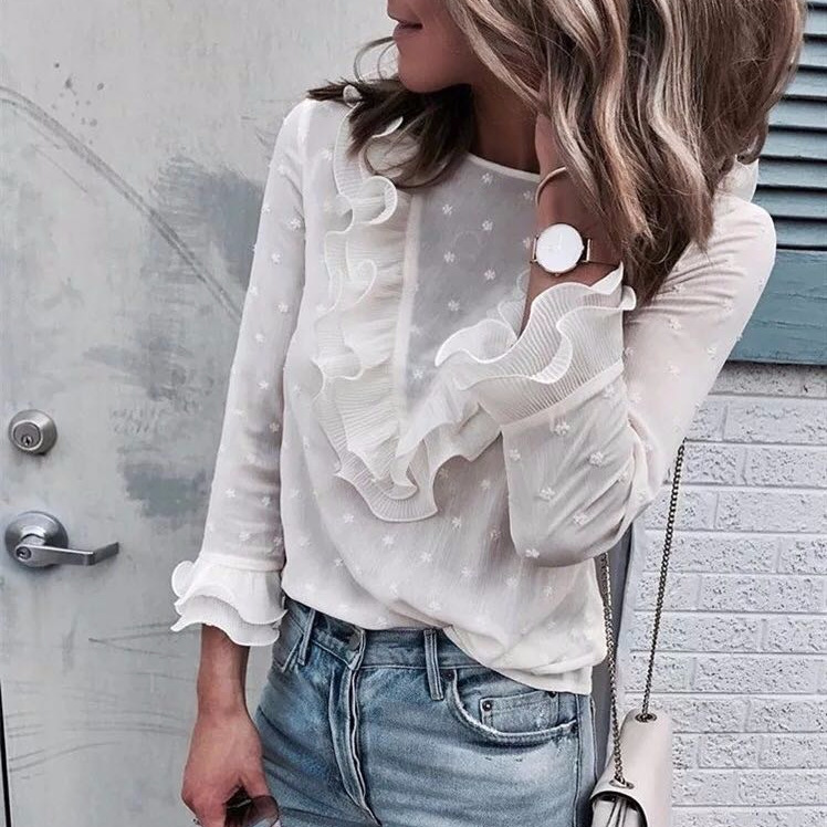 Cross-border spot AliExpress New 2023 autumn fashion white lace round neck button blouse