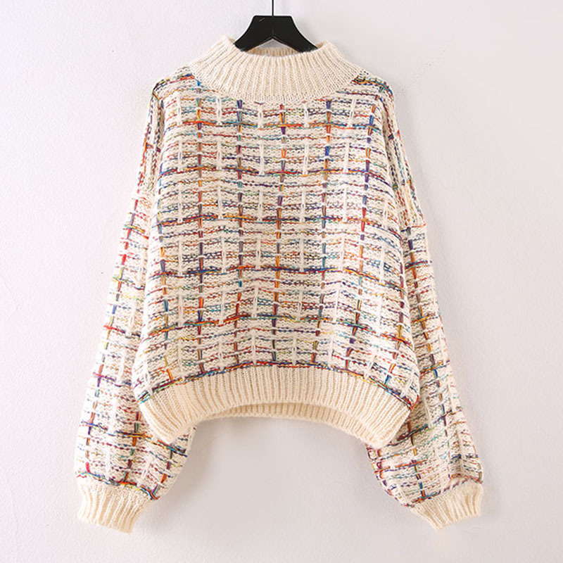 Half-turtleneck Short Plaid Pullover Sweater Women's 2019 Autumn and Winter New Korean Style Loose Fashion Coarse Wool Knitted Sweater
