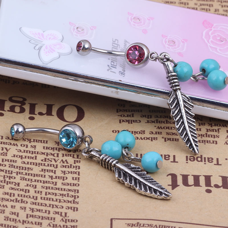 Leaf Turquoise Navel Ring 316L Surgical Steel Belly Button Jewelry Dangle Leaf Shape Blue Stone detail image 9