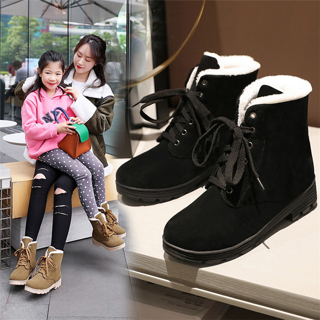 Snow boots women’s new winter short tube lace up short boots women’s fashion Plush warm cotton shoes parent-child 