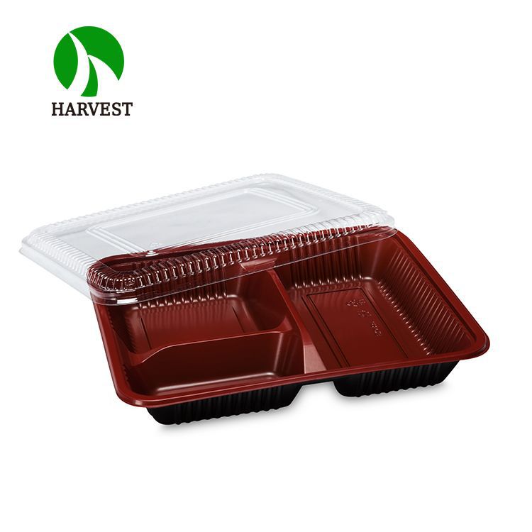 菁禾一次性饭盒红黑四格快餐盒外卖打包盒可微波塑料盒300套