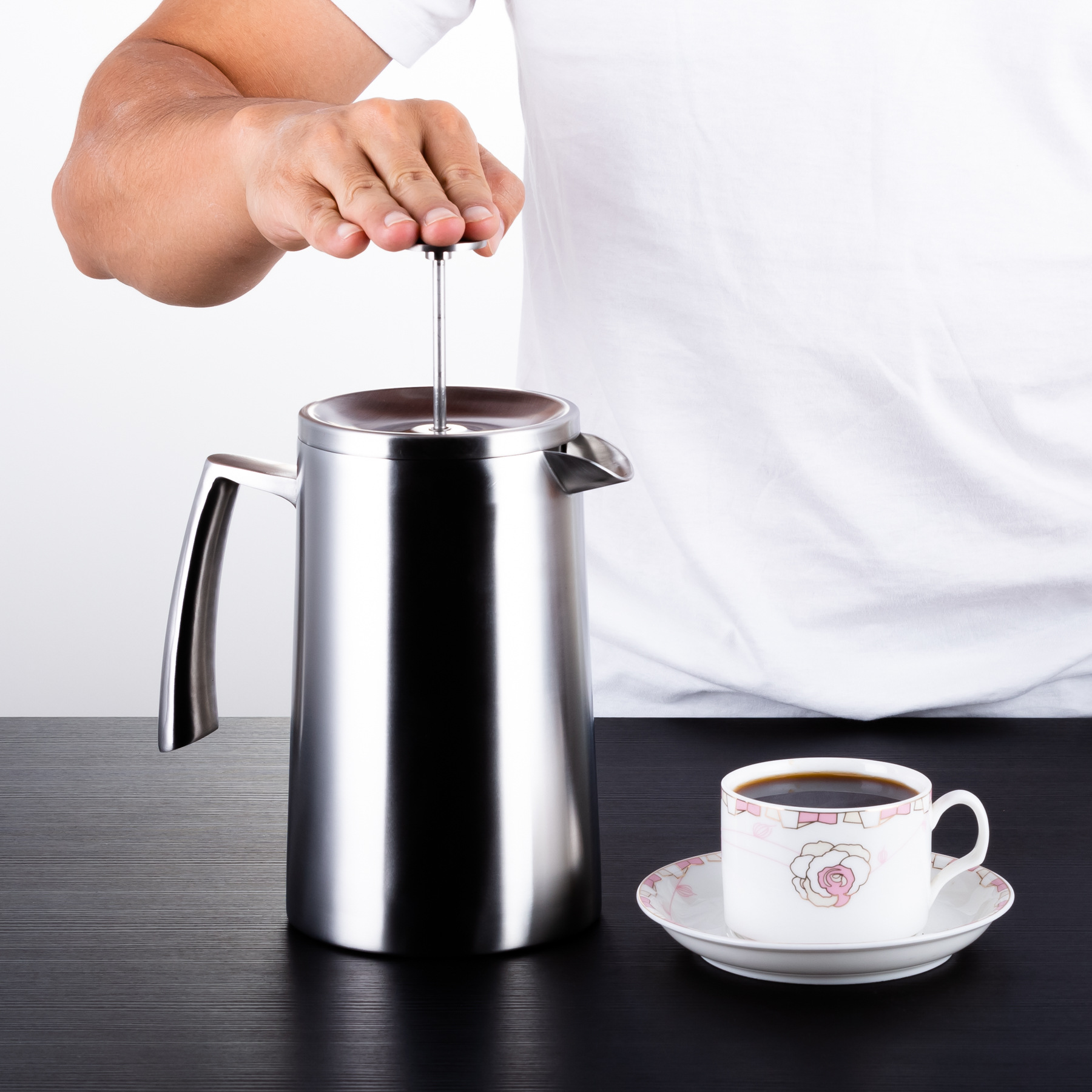 法式滤压壶 带滤网咖啡壶 圆台款双层保温不锈钢冲茶器 手冲壶