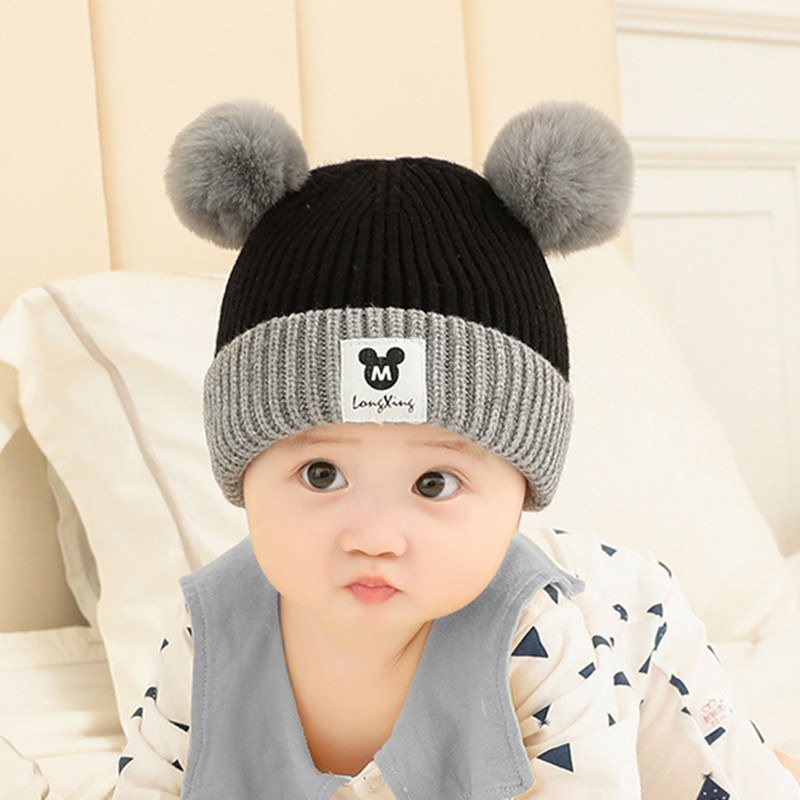 婴儿帽子男女宝宝小熊拼色毛线帽韩版可爱加绒加厚0--2岁儿童针