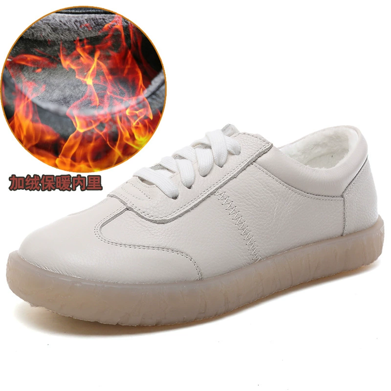 Осенне-зимние новые белые туфли, женские одиночные туфли из натуральной кожи, теплая обувь для беременных на флисовой подкладке, обувь для мам на мягкой подошве, универсальная женская обувь Мори