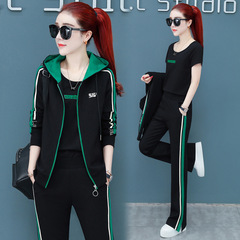 Ladies Casual Sportswear Set Spring and Autumn 2022 New Korean Style Hooded Loose Long-Sleeve Sweatshirt Three-Piece Set