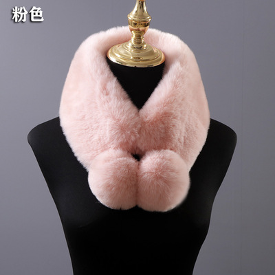 仿獭兔毛双面围巾女冬季韩版加厚保暖脖套毛球时尚仿皮草白色围脖