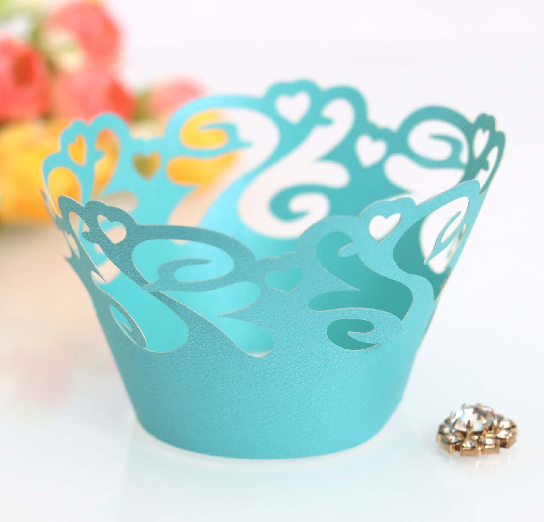 出口英国婚庆 蛋糕纸围边激光镂空 粉色爱心祥云 深圳厂家批发