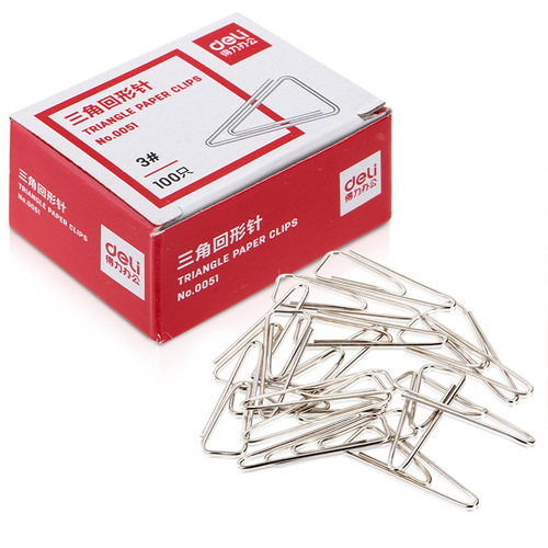 Deli 0051 Paperclip Triangular Thickened Electroplated Paperclip 3# Boxed Metal Bill Sorting Storage Organizing Clip