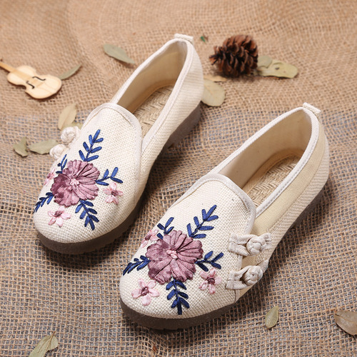 Chinese folk qipao cheongsam hanfu dress clothing shoes for women old Beijing cloth shoes embroidered shoes belt buckle with beef tendon with flat bottom single flax