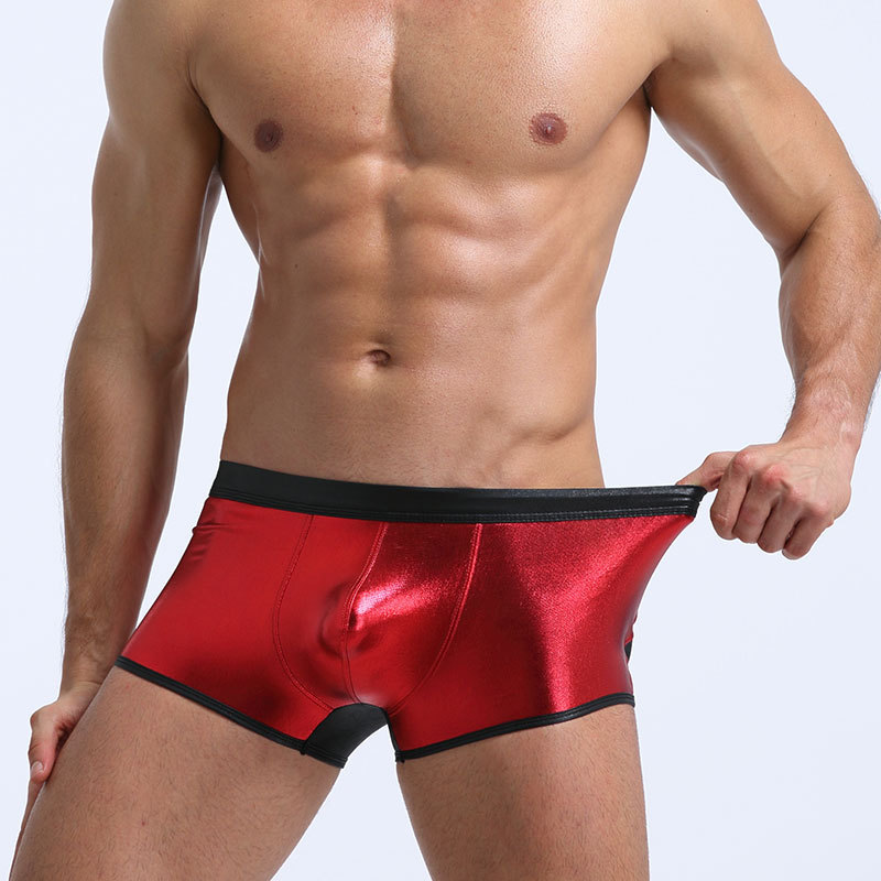 European and American color block men's underwear low waist imitation leather sexy underwear sexy U convex bag boxer shorts boxer shorts