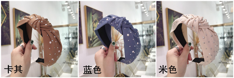 New Hair Accessories Solid Color Hot Drilling Pearl Knotted Twist Knot Wide-brimmed Headband Female display picture 1