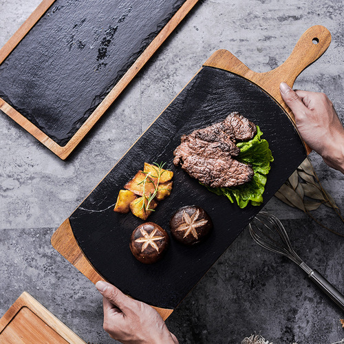 Black Western Food Plate Square Japanese Wooden Tray Steak Sushi Western Food Plate Solid Wood Tray Pizza Hotel Plate