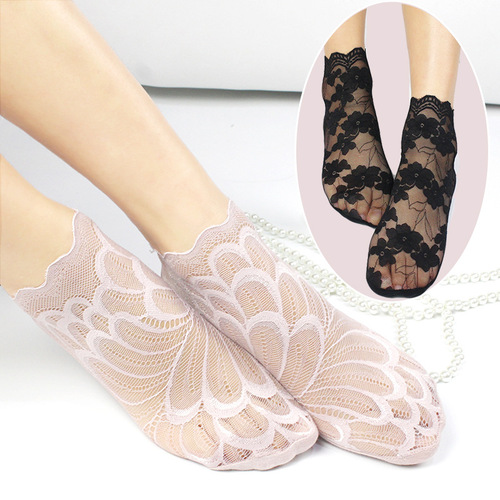 Summer shallow mouth low-top lace socks for women, Japanese-style floral edge short socks, grid breathable boat socks for women, pure cotton bottom, anti-slip
