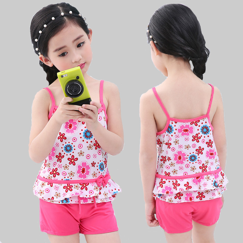 小清新韓版女童泳衣大小兒童碎花吊帶式分體寶寶遊泳衣套裝比基尼