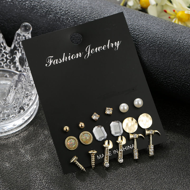 Ear Studs 9 Pieces Set Diamond Screw Hammer Wrench Personality Ear Studs display picture 2