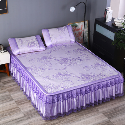 夏季冰丝席床裙三件套蕾丝提花空调席可拆卸折叠防滑冰丝凉席批发|ms