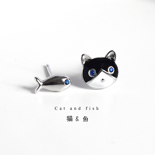925 Pure Silver Cat Fish Ear Studs Korean Style CHIC Cute Minimalist Women's Cat Fish Asymmetric Silver Earrings Decorations