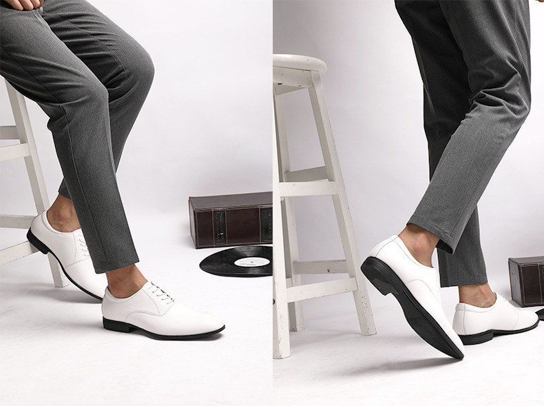 Men's Shoes Large Size Solid Color Elegant Men's Pointed Formal Wear Small White Leather Shoes Lace-up Single Shoes_vogvips.com