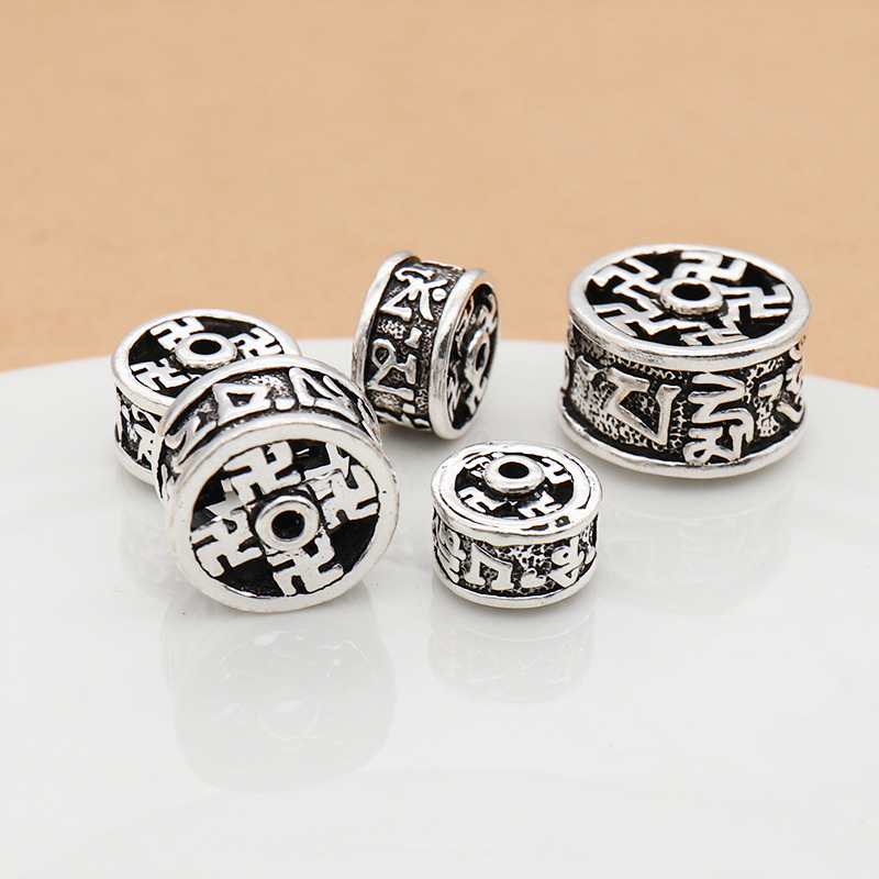 S925纯银隔珠 复古泰银万字六字真言隔片银珠 手串