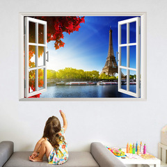 Kunshang cross-border new 3D fake window Eiffel Tower landscape wall stickers bedroom living room decorative painting wholesale KS6736