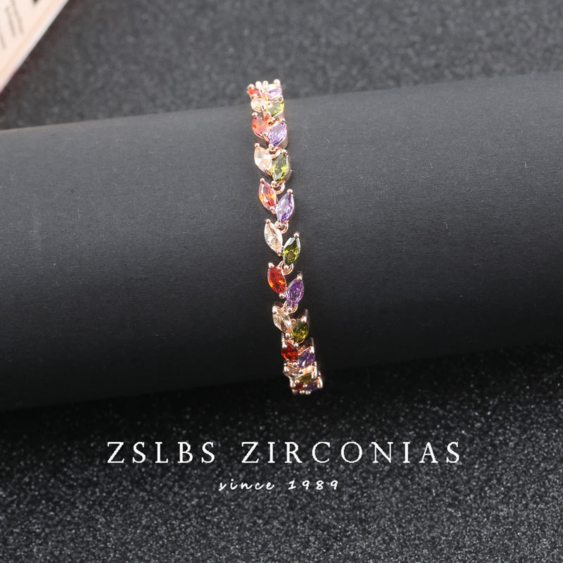 彩色锆石叶子花型手链速卖通经典款手饰品女跨境外贸热销首饰批发|ms