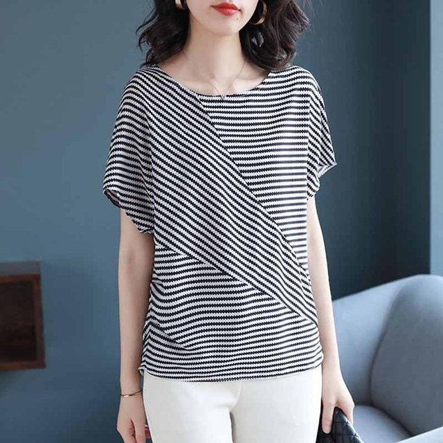 Stripe Chiffon shirt short sleeve T-shirt and loose women’s wear