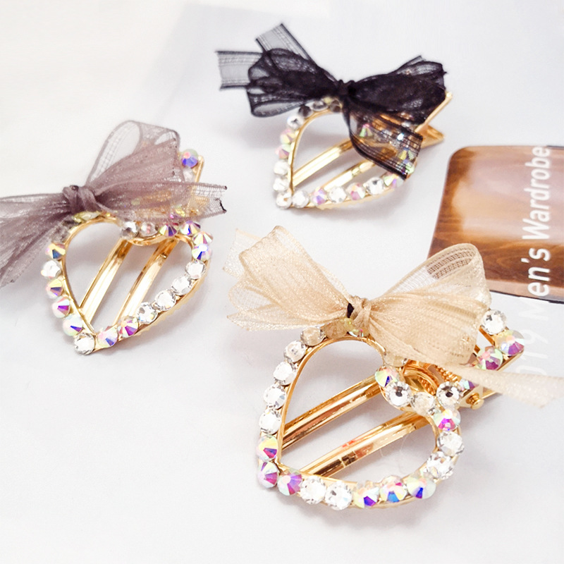 New Korean style simple versatile rhinestone heart-shaped bow hair clip snow yarn duckbill side clip batch hair accessories for women