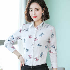 图荣长袖衬衣女春秋新款上衣韩版时尚OL蝴蝶图案印花衬衣一件代发