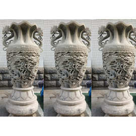 石刻龙雕花瓶图片 商场装饰浮雕花瓶价格 景观石头花瓶雕刻厂
