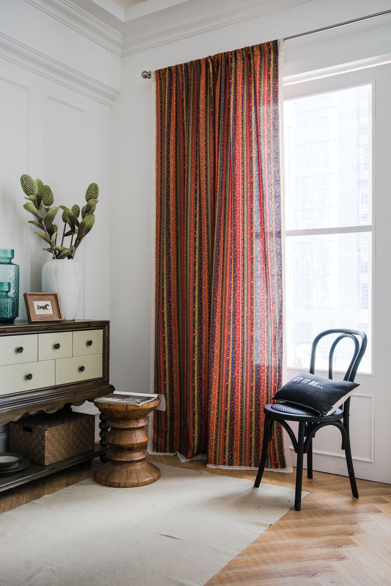 Bohemian Striped Print Orange Linen Country Style Floor To Ceiling