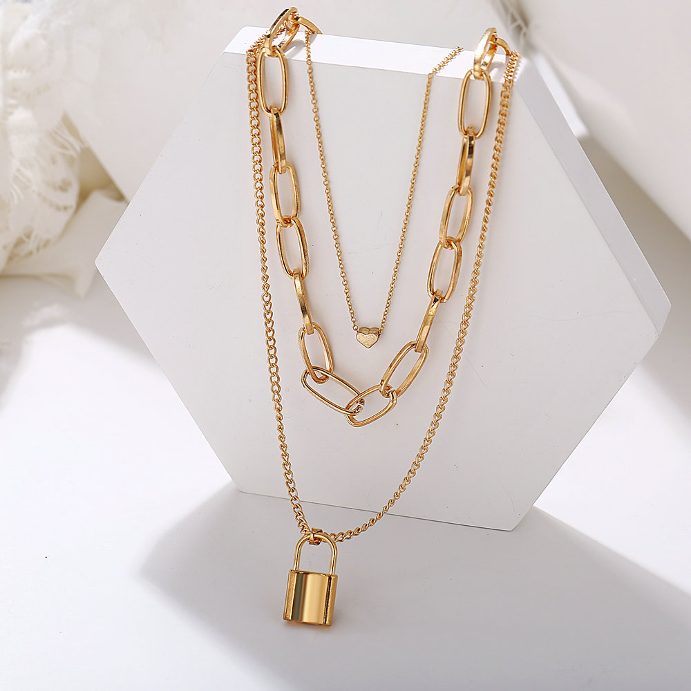 Multi-layer Necklace Peach Heart Lock Pendant Three-layer Sweater Chain display picture 8