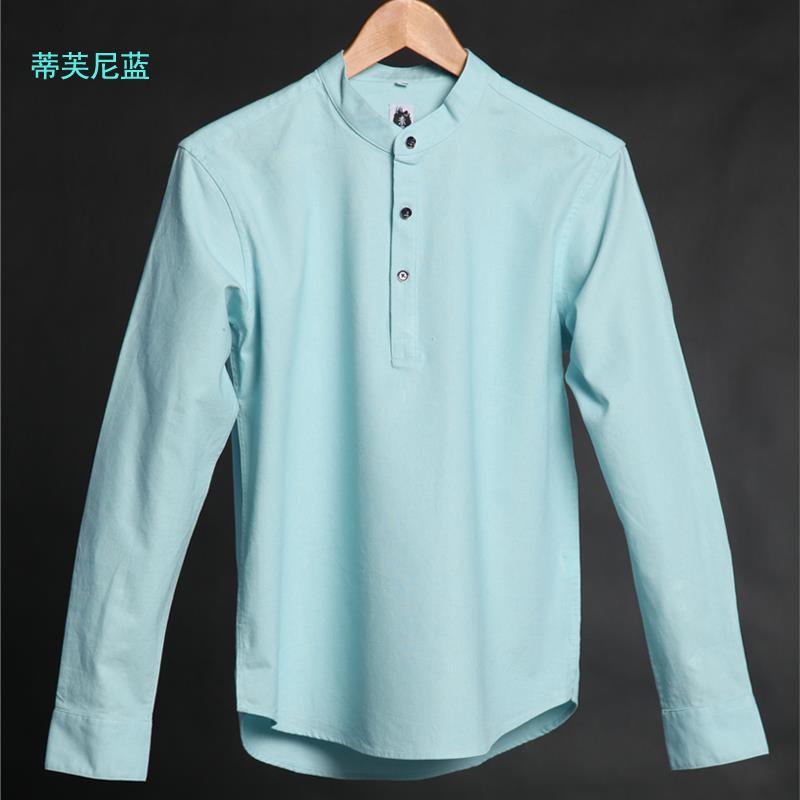 2019 Spring new pattern leisure time shirt Solid Linen Cotton Long sleeve Korean Edition fashion urban Stand collar men's wear