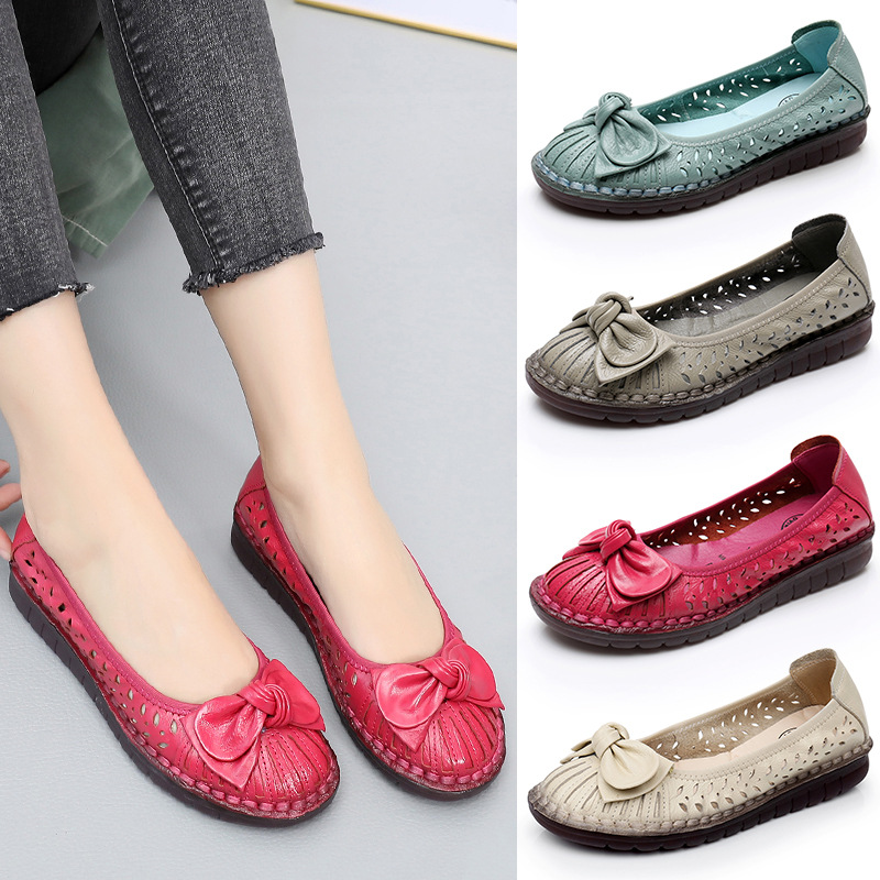 Summer mom shoes women's sandals flat heel soft bottom ethnic style pregnant women flat middle-aged and elderly hole shoes cowhide women's shoes