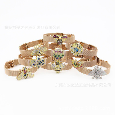 跨境熱銷高檔微鑲锆鑽石蝴蝶蜜蜂串帶粒不鏽鋼钛鋼DIY網鏈手镯