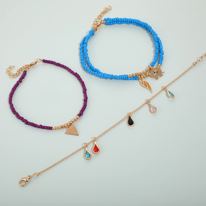 Diamond Beaded Leaf Triangular Elephant Tassel Anklet 3-Piece Set wholesales fashion