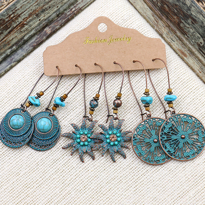 1 Set Retro Bohemian Round Water Droplets Flower Irregular Tassel Inlay Alloy Turquoise Drop Earrings display picture 2