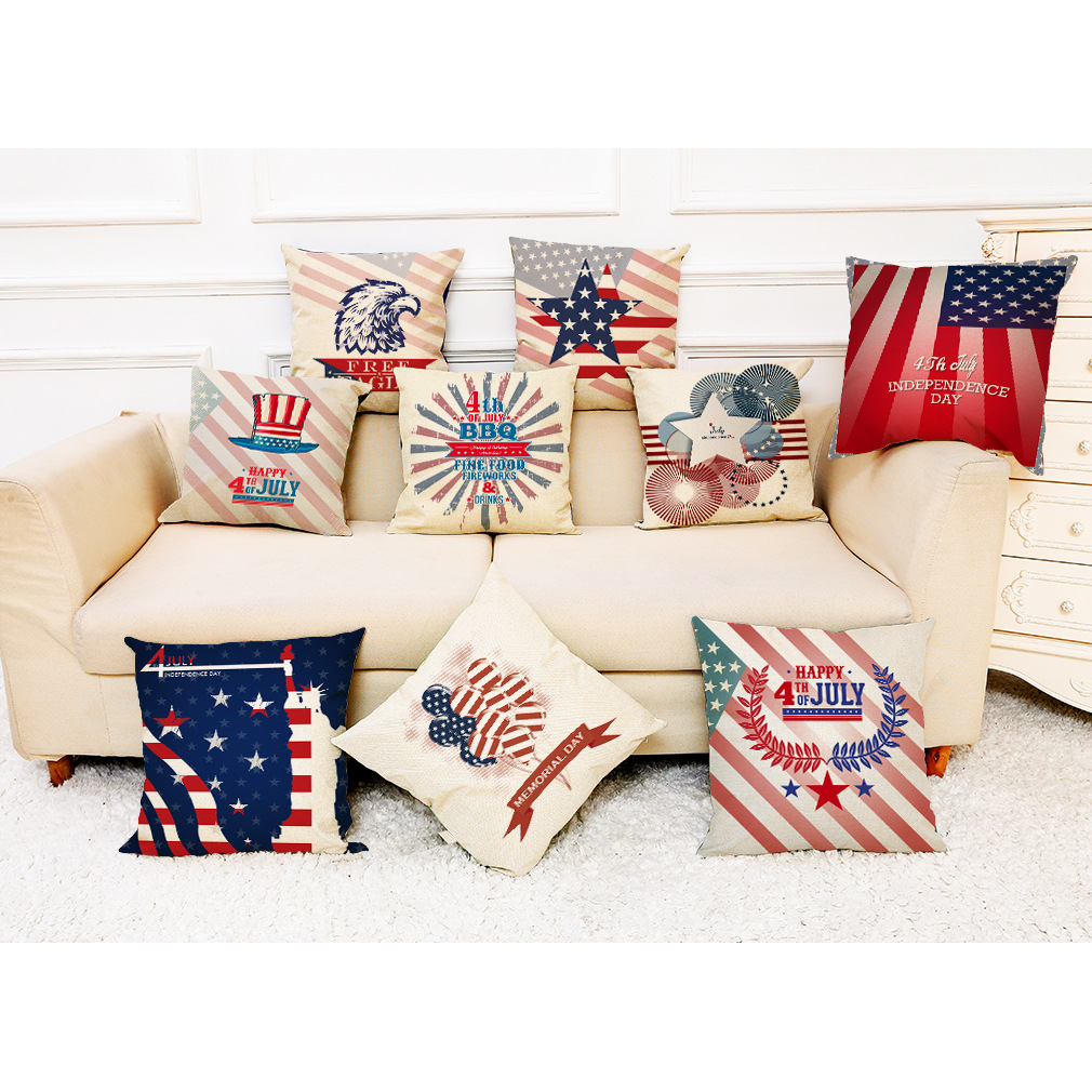 wish 亚马逊新款美国独立日棉麻抱枕套 汽车抱枕家居沙发靠垫定制
